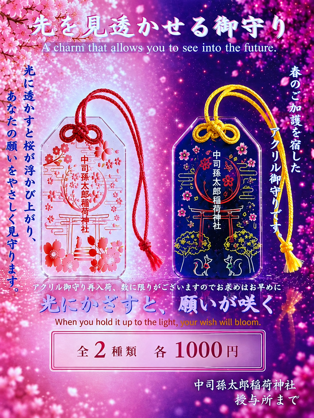 赤い紐と黄色い紐のアクリルお守り2種類。桜や鳥居、狐が描かれ、掲示には各1,000円と記載。