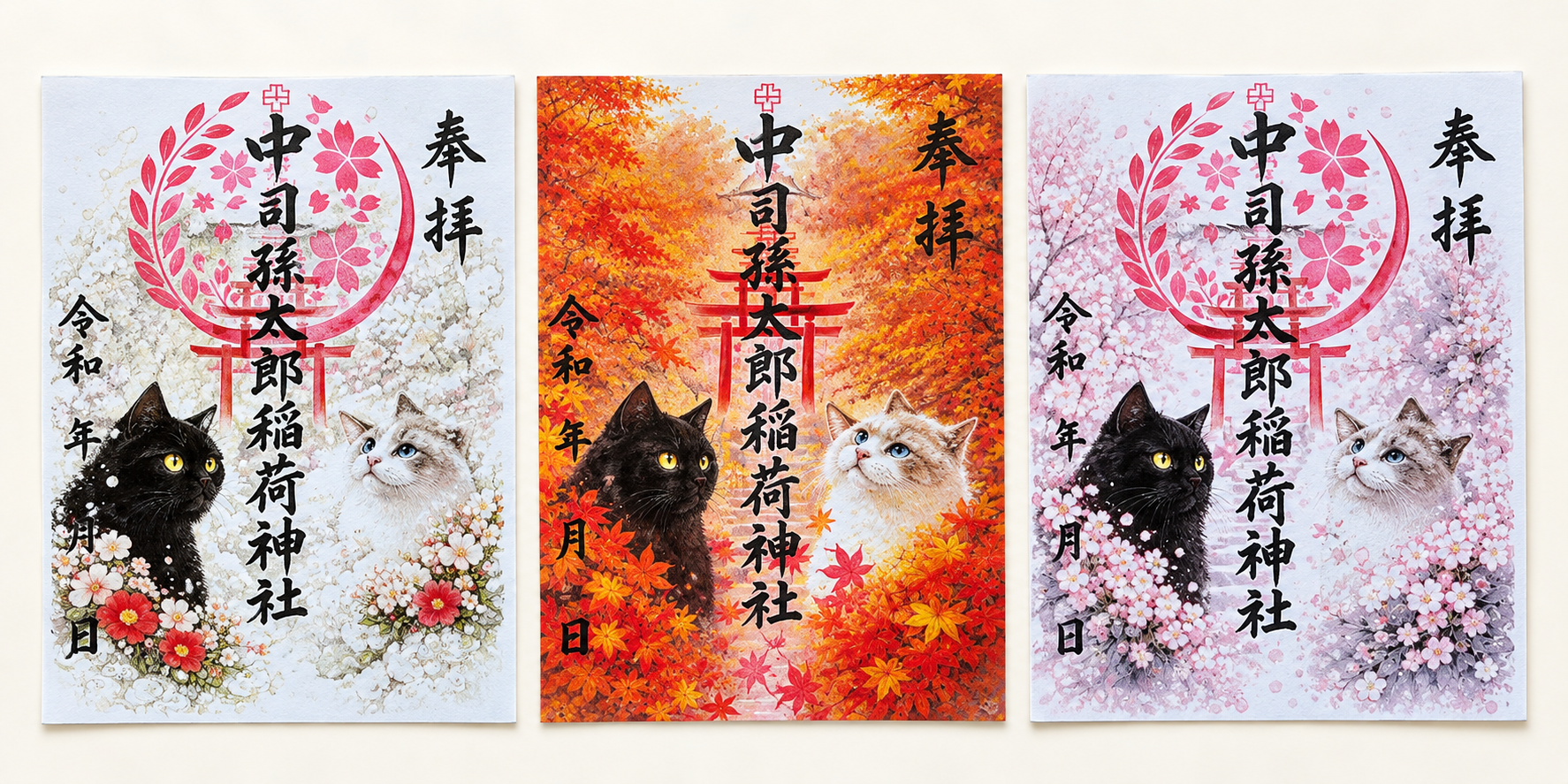 黒い猫と明るい毛色の猫を描いた御朱印3柄。花、紅葉、桜を背景にしたデザイン。