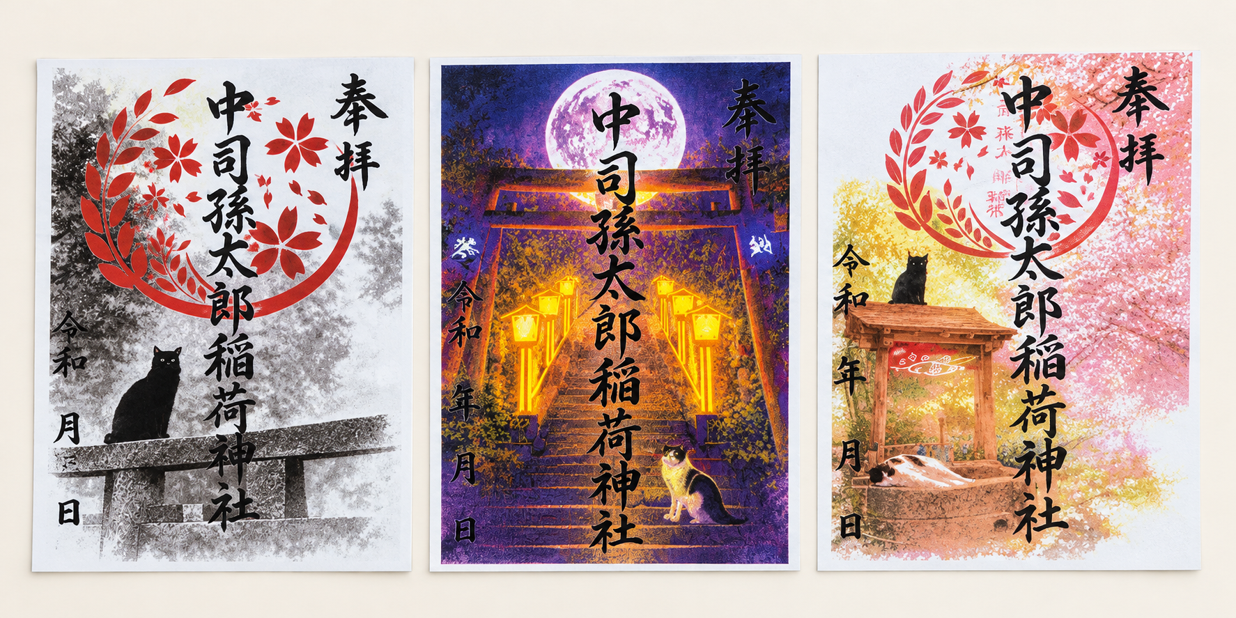 鳥居や境内と猫を描いた御朱印3柄。墨色の風景、灯籠が光る夜の参道、桜の境内。
